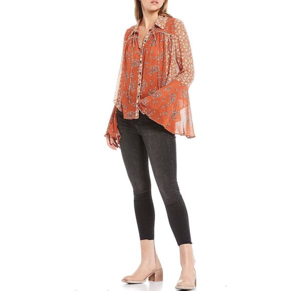 Free People Serena Blouse Floral Bell Sleeves Micro Floral Rust Sheer Size Large - Picture 2 of 7